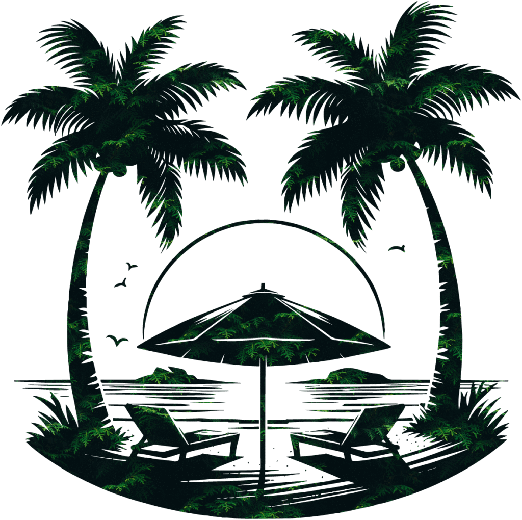 Sketch type silhouette of a pair of beach chairs under a beach umbrella with a palm tree on each side.