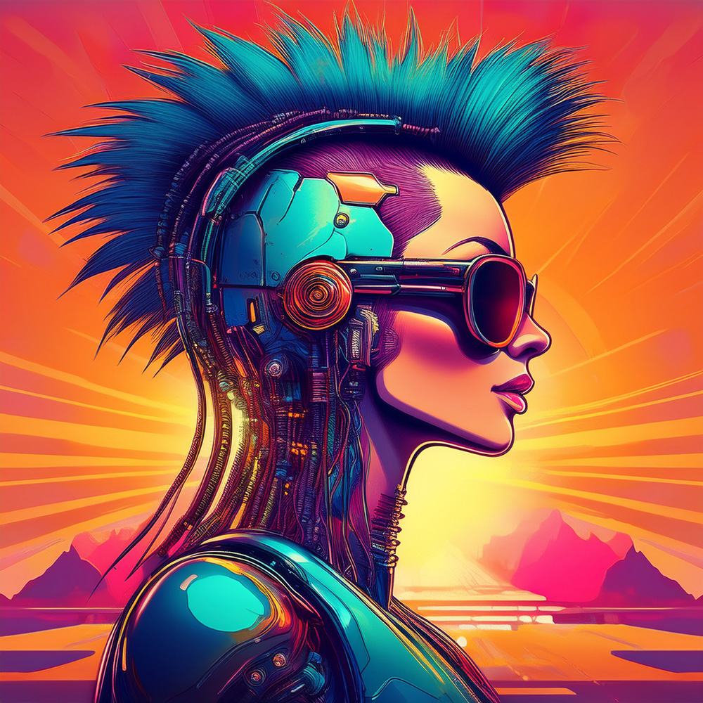 Android woman wearing shades and a blue mohawk, in an 80s fantasy illustration style